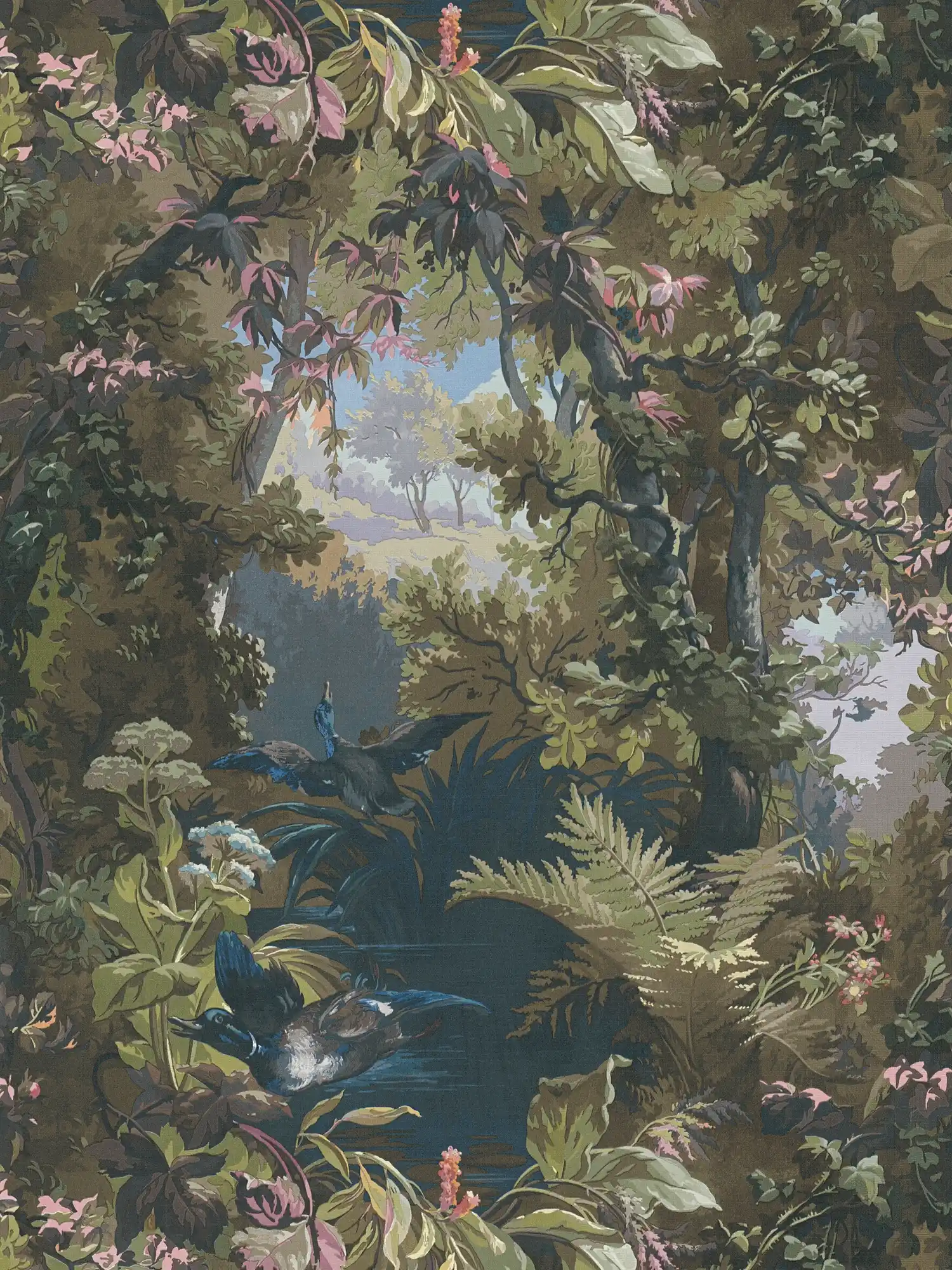 Wallpaper landscape motif in painting style - green, blue, pink
