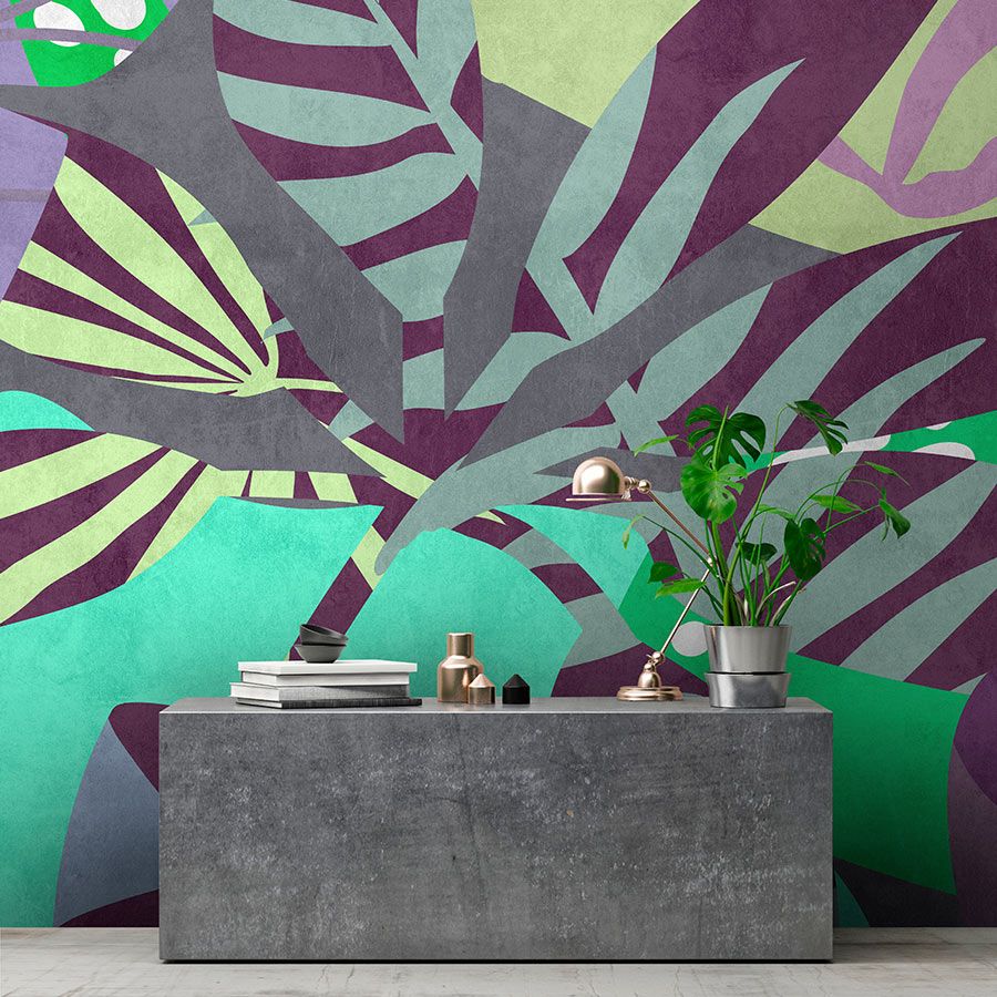 Photo wallpaper »anais 2« - Abstract leaves on concrete plaster texture - Purple, Green | Smooth, slightly pearlescent non-woven fabric
