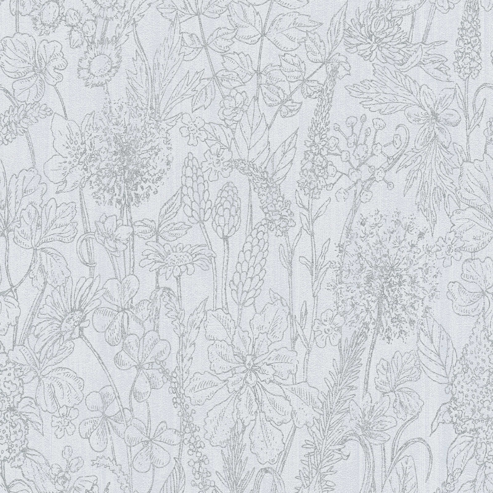 Papel pintado floral de estilo botánico con aspecto de lino - gris
