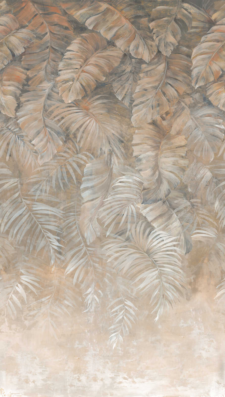             Papel pintado de grandes hojas de palmera en sutiles tonos tierra - marrón, beige, crema
        