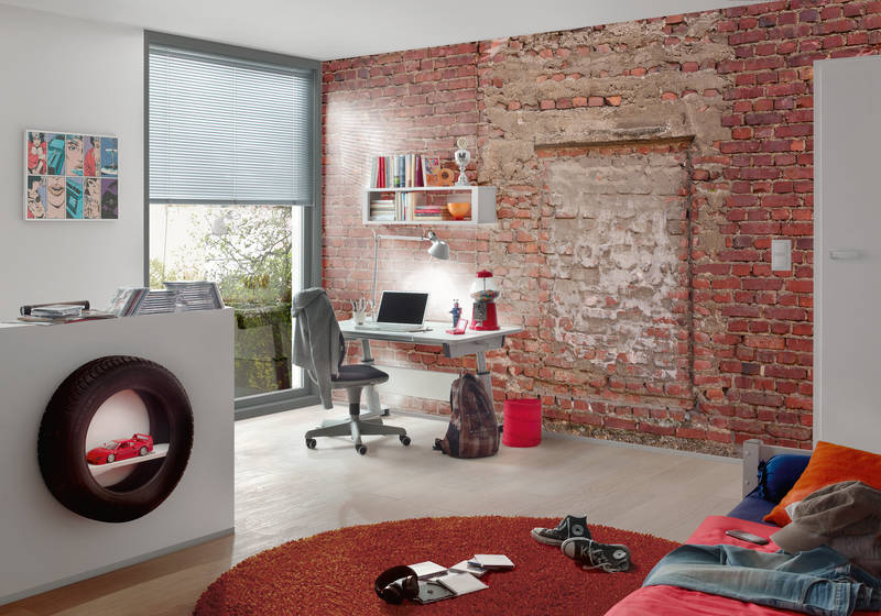             Brick wall mural red stone & weathered look
        