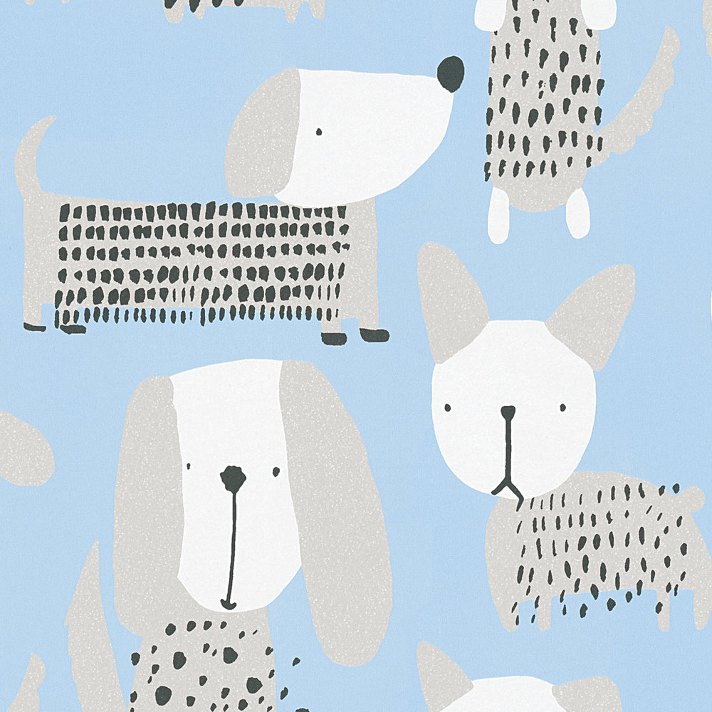             Carta da parati di carta con cani in stile fumetto - blu, bianco
        
