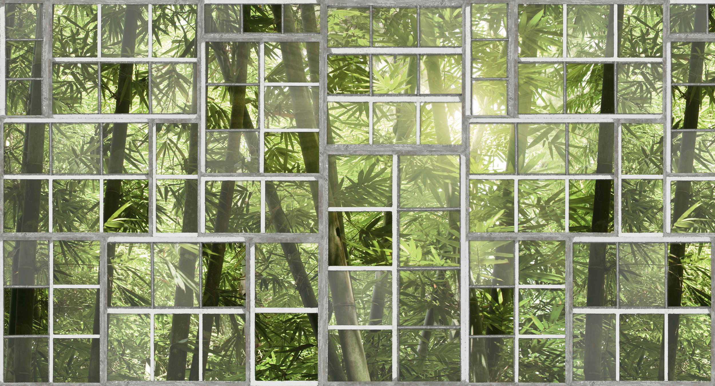             Fotomurali Finestra con vista sulla giungla, look retrò - Verde, grigio, bianco
        