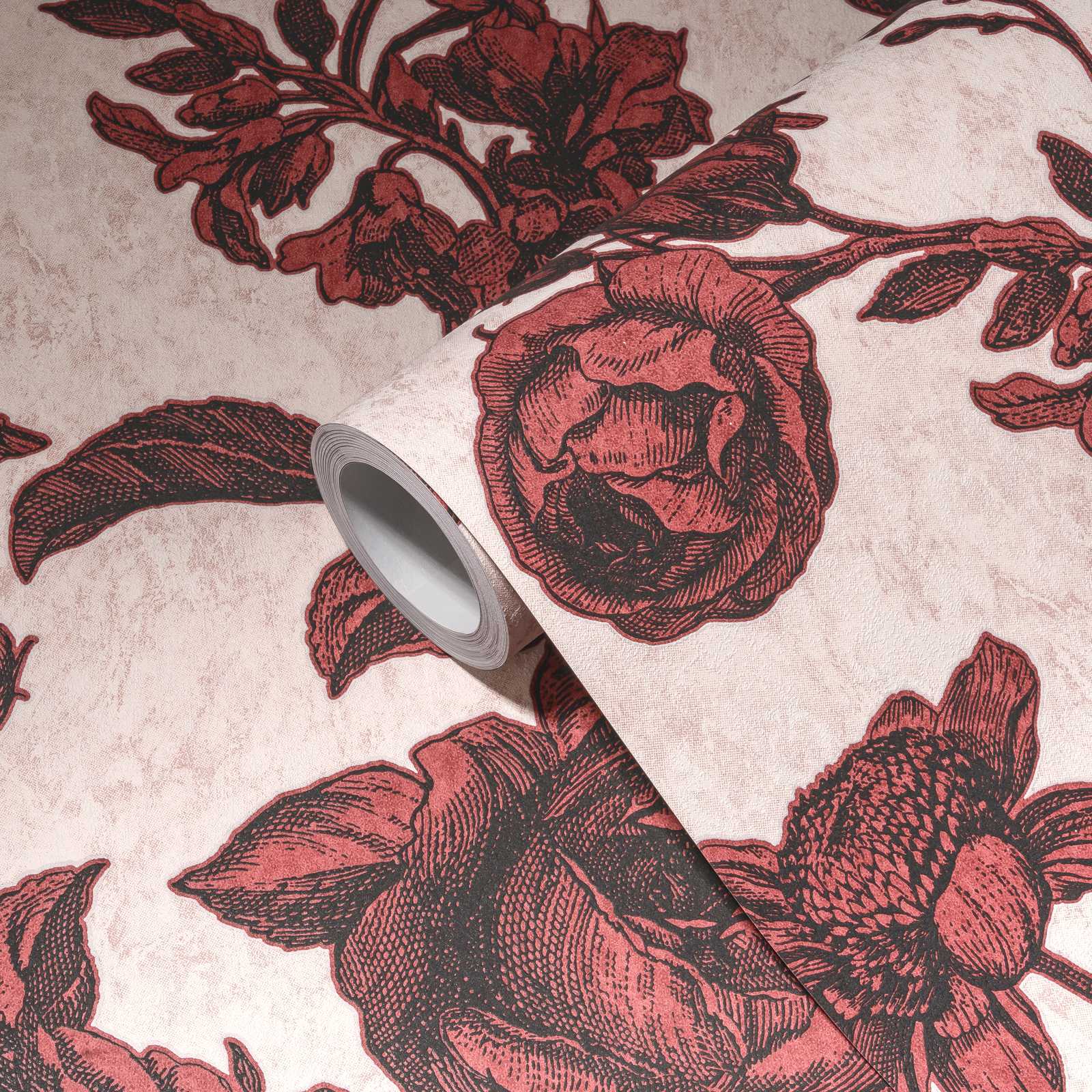             Roses wallpaper red-black in vintage sign style - pink, red
        