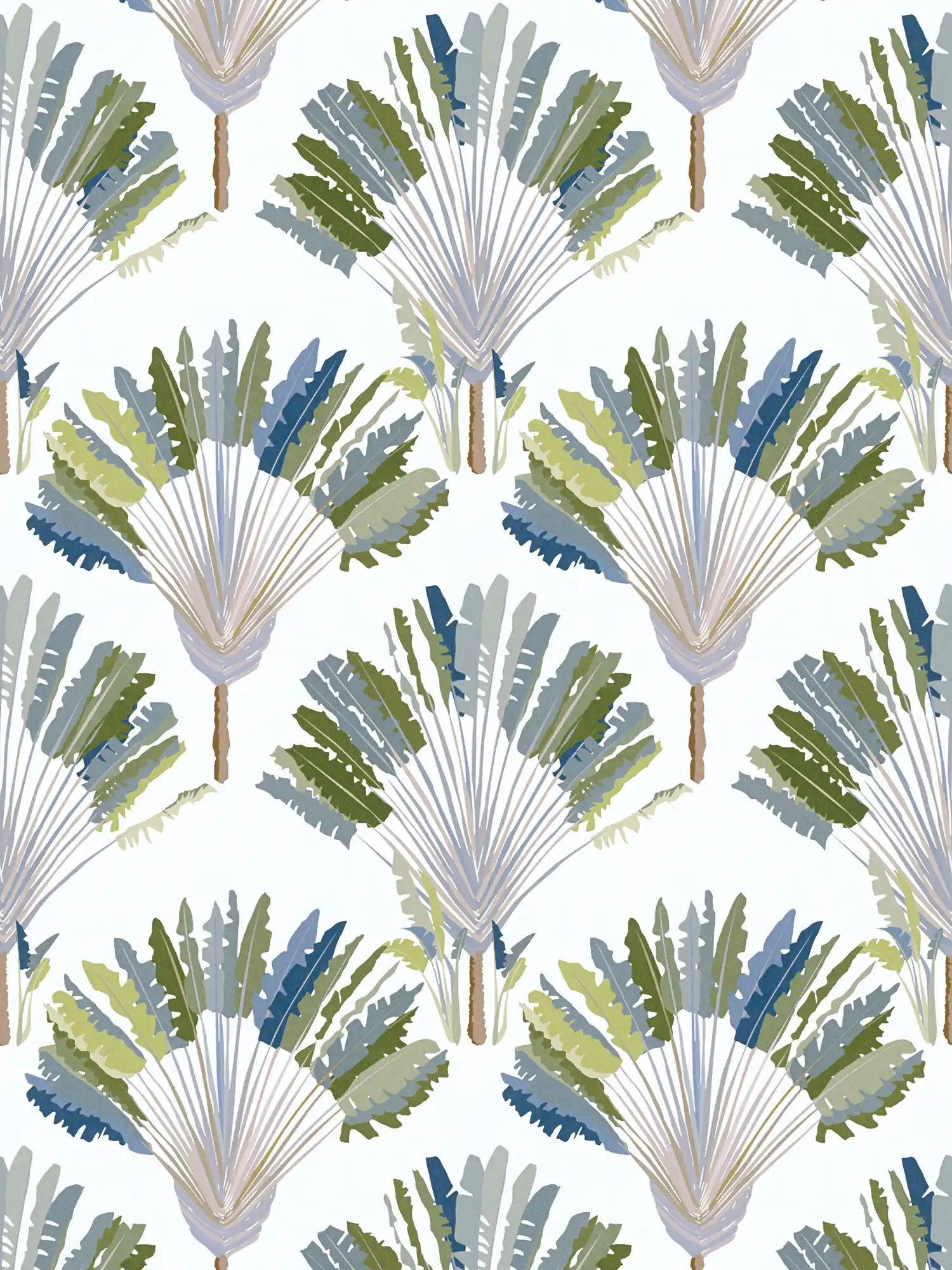 Wallpaper palm leaves & perennials in abstract pattern - green, white, blue
