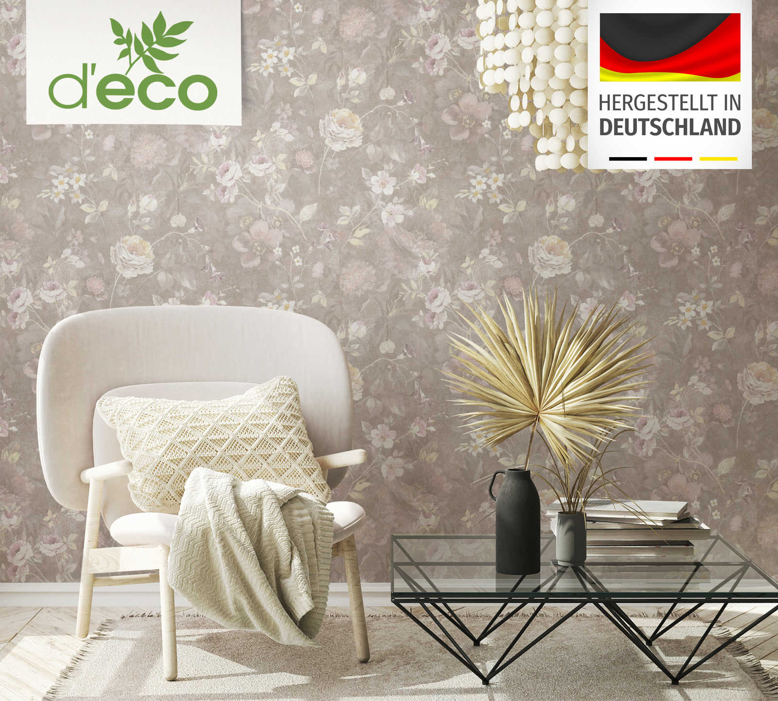             PVC-free non-woven wallpaper with floral pattern - brown, colourful, orange
        