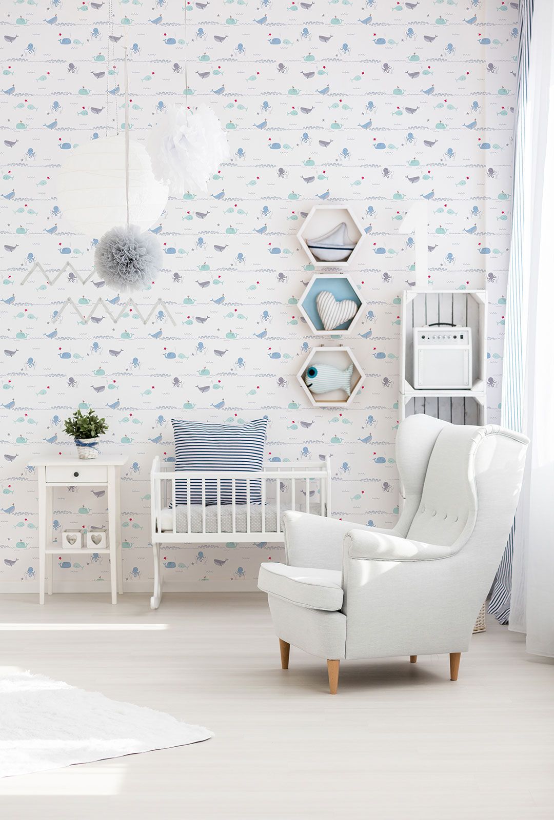 Nursery wallpaper sea animals white