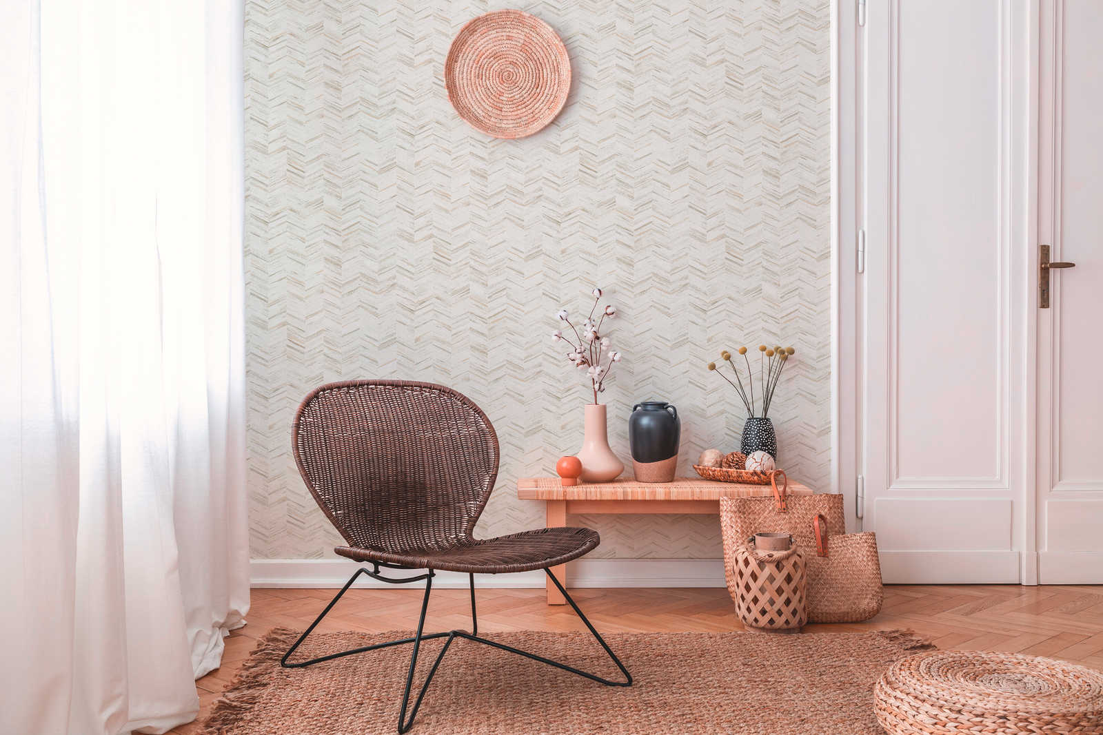             wallpaper wood look stripes with herringbone effect - white, cream
        