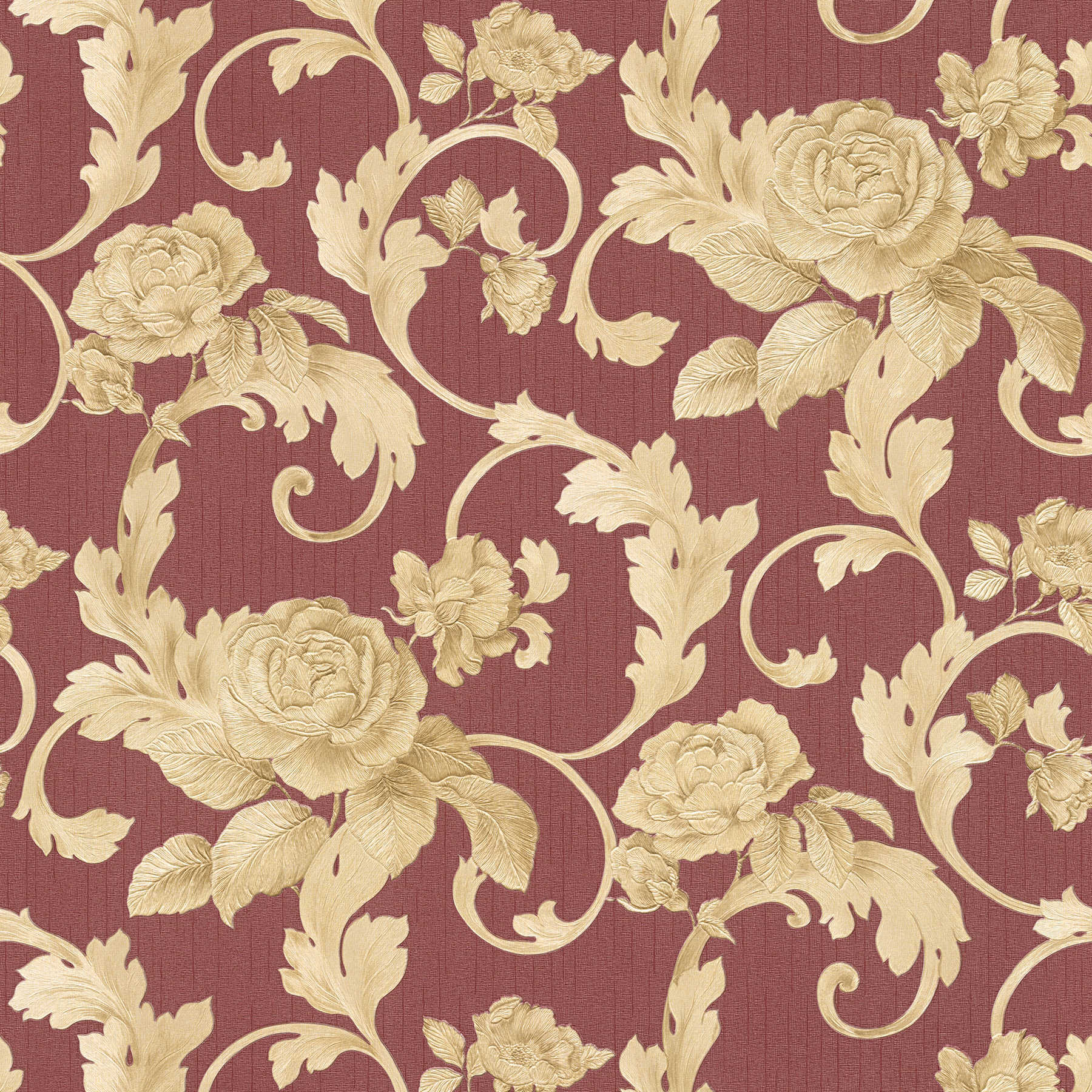         Golden Rose Vines & Textured Pattern Wallpaper - Metallic, Rood
    