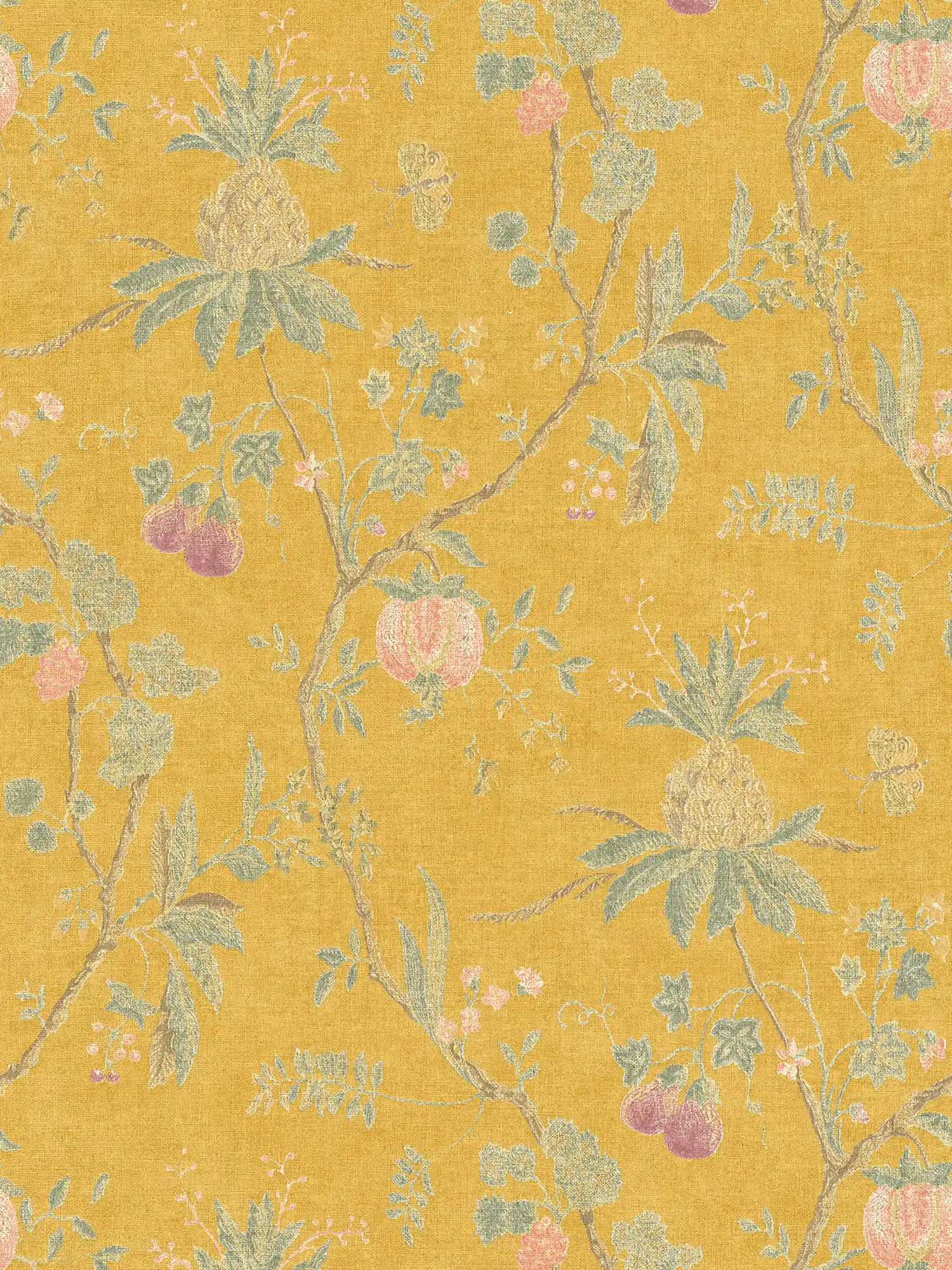 Papel pintado vintage con motivos florales y aspecto de lino - amarillo
