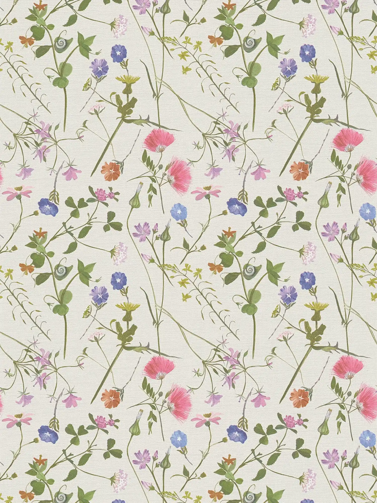 Non-woven wallpaper with various flowers & leaves - cream, green, colourful
