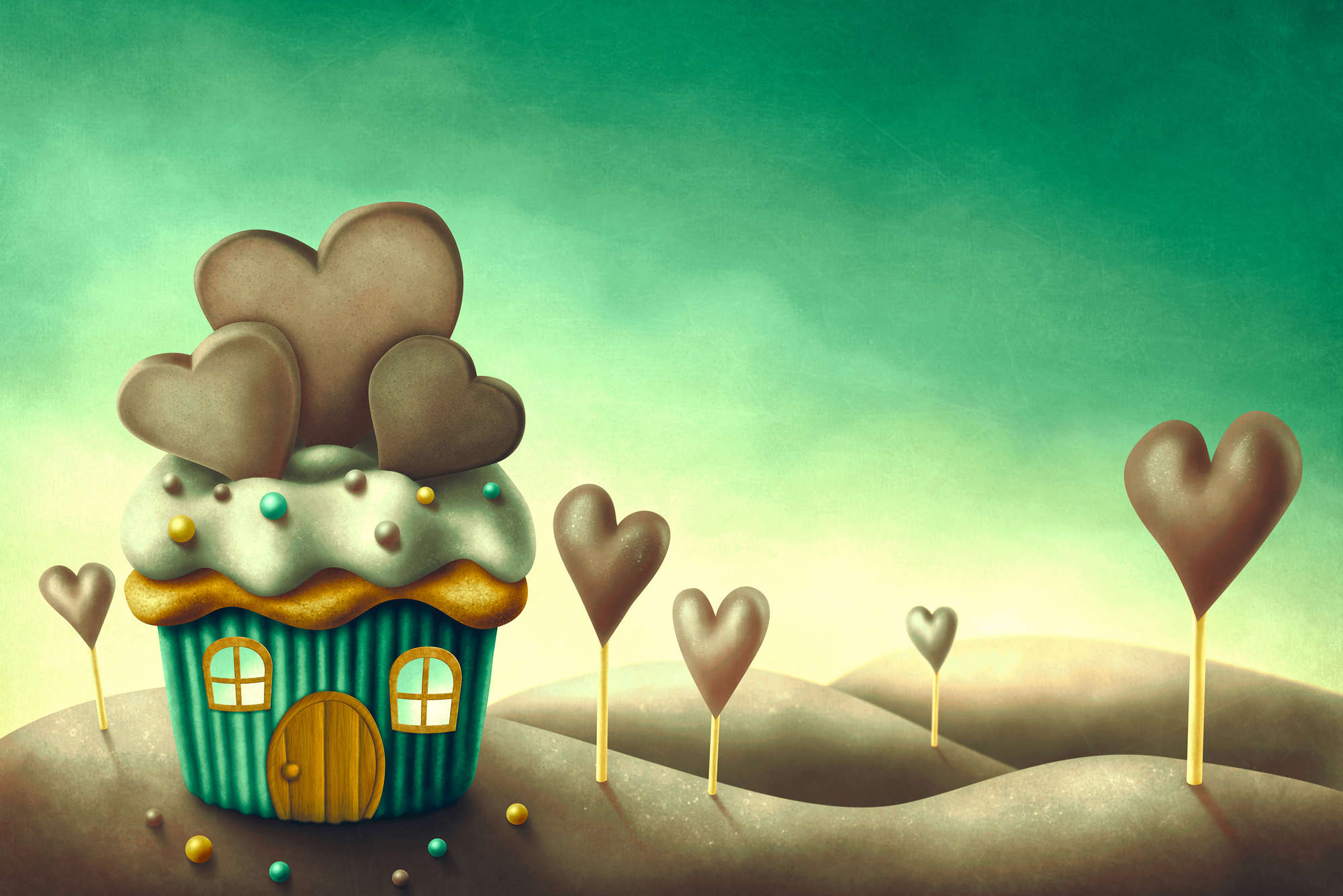            Mural infantil Muffin House en un mundo de caramelos sobre tela no tejida con textura
        