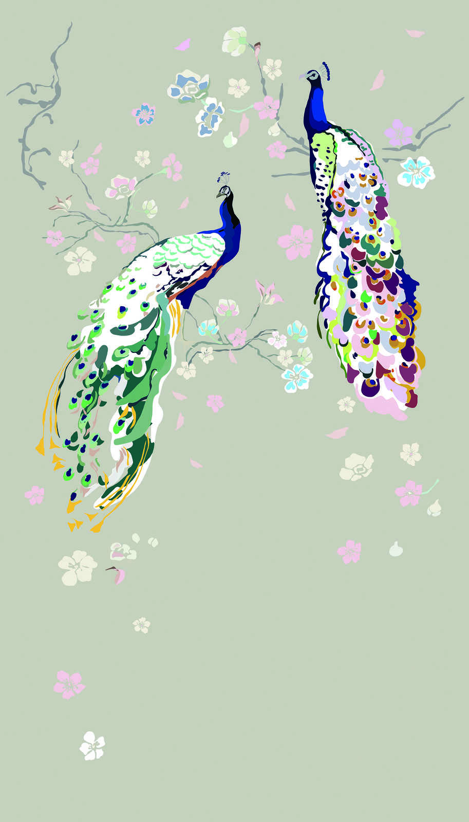             Papier peint intissé avec paon et motif floral - gris, multicolore, bleu, vert, rose, beige
        