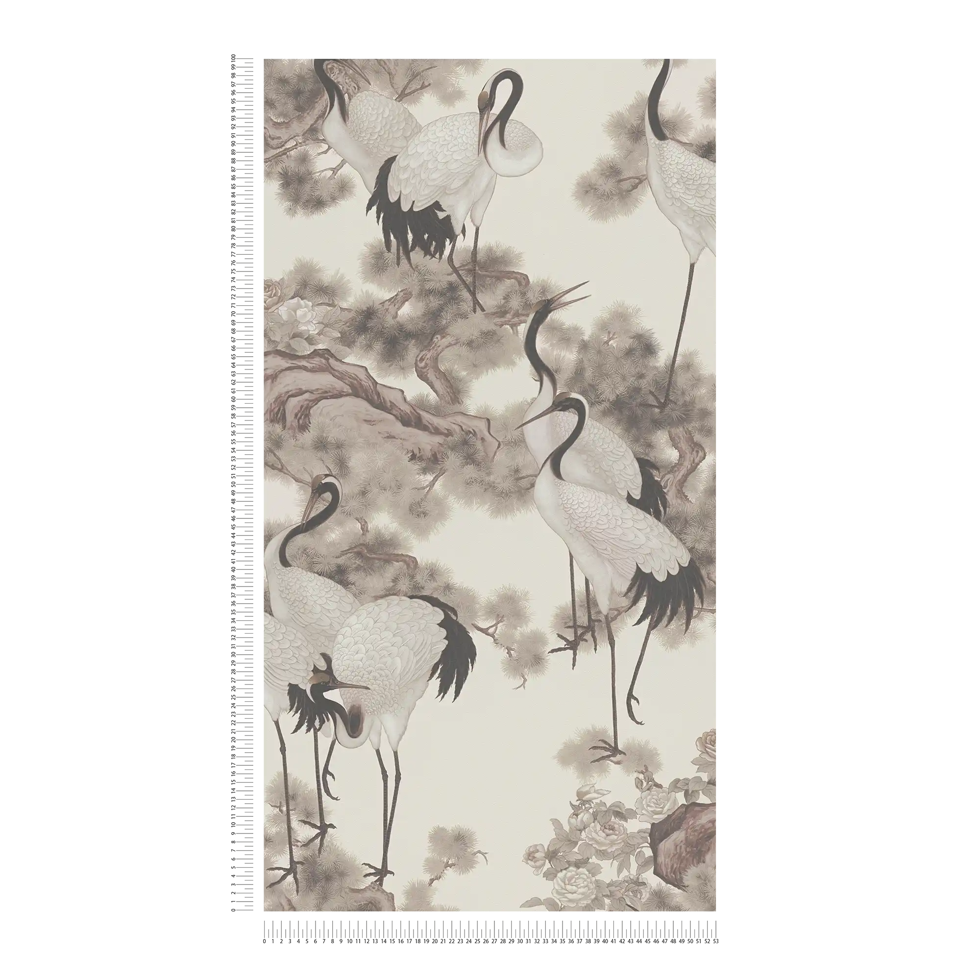             Japandi behangpapier kraanvogels in Aziatische stijl - crème, grijs
        