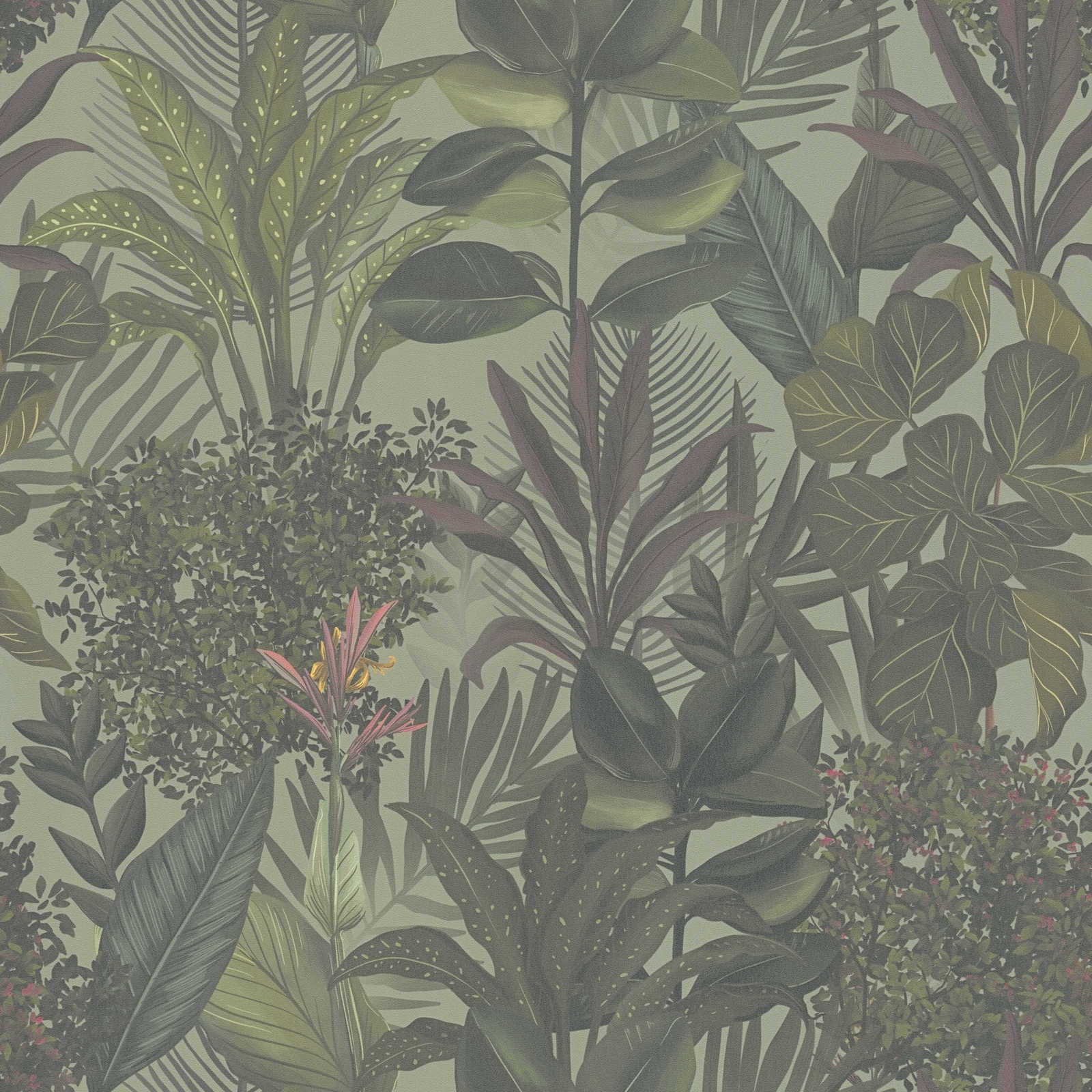 Modern wallpaper floral with leaves & grasses textured matt - green, dark green, bordeaux
