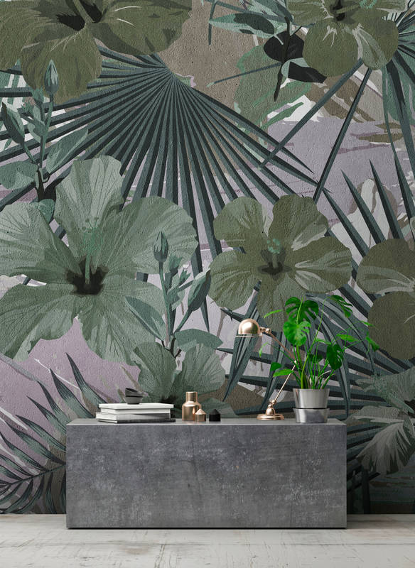             Carta da parati Jungle Palm and Flower - Verde, grigio
        