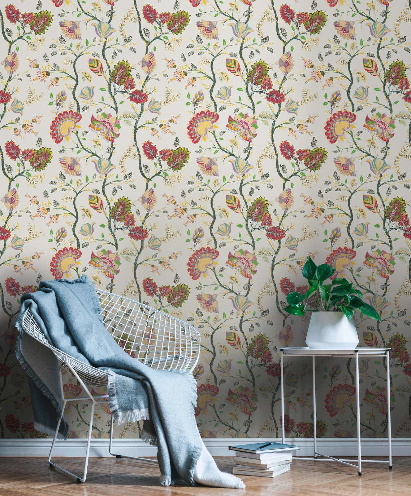             Floral non-woven wallpaper with bold colours - red, yellow, green
        