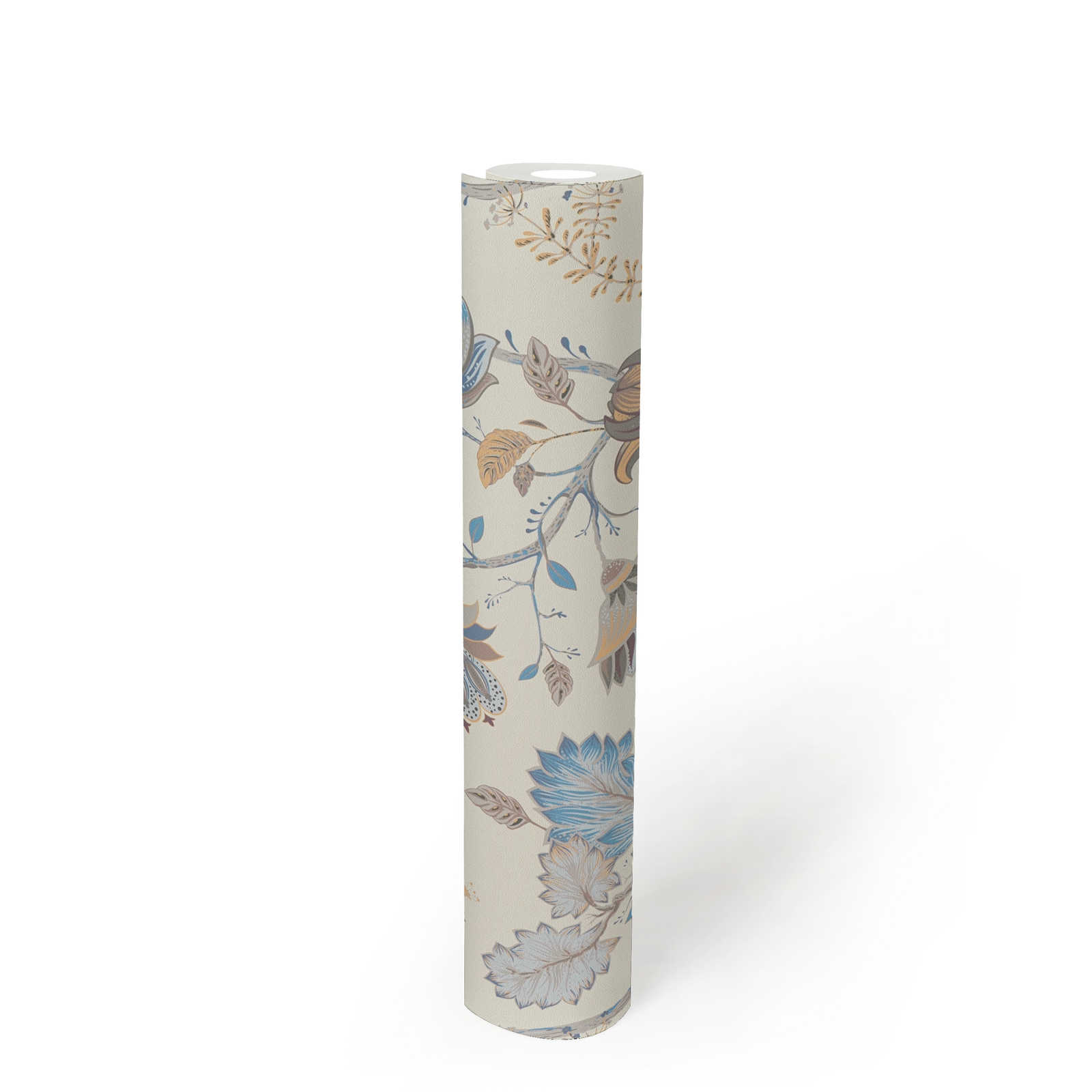             Papel pintado no tejido con motivos florales - azul, crema, gris
        