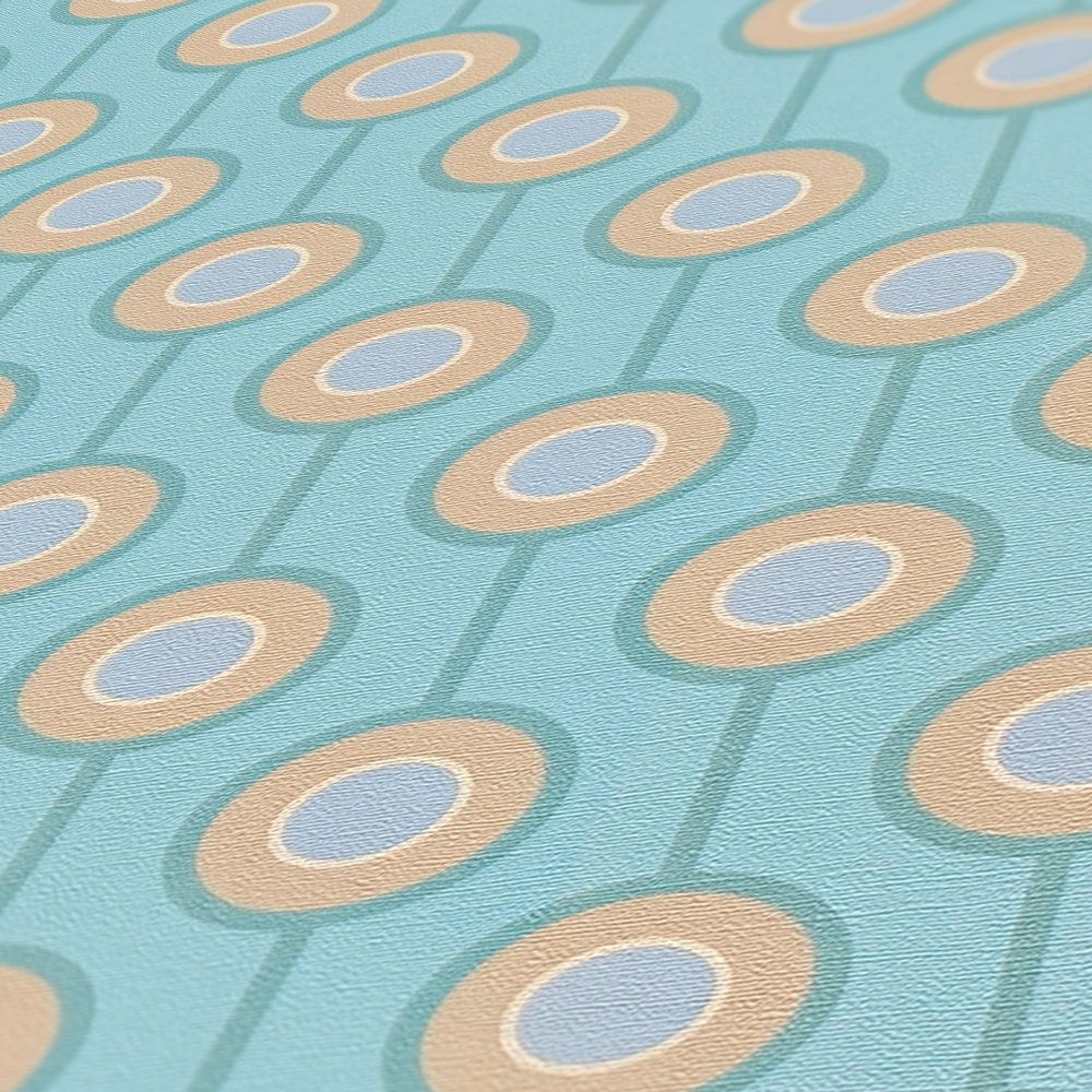             motif de cercle rétro sur papier peint intissé légèrement structuré - turquoise, bleu, beige
        