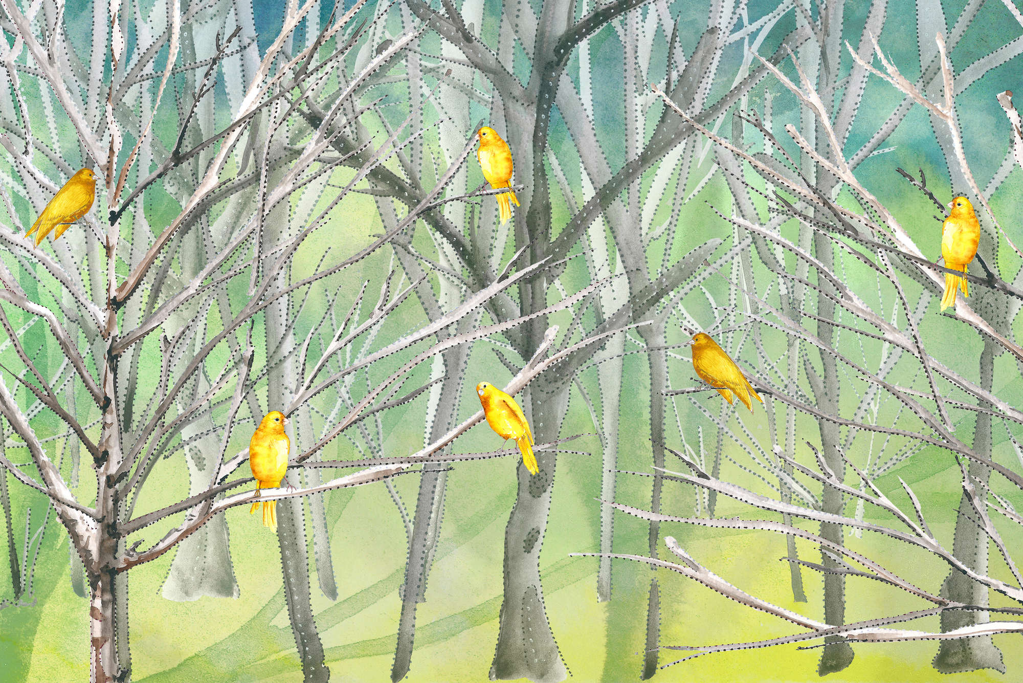             Papel pintado de bosque con pájaros en azul y amarillo sobre vellón liso perlado
        