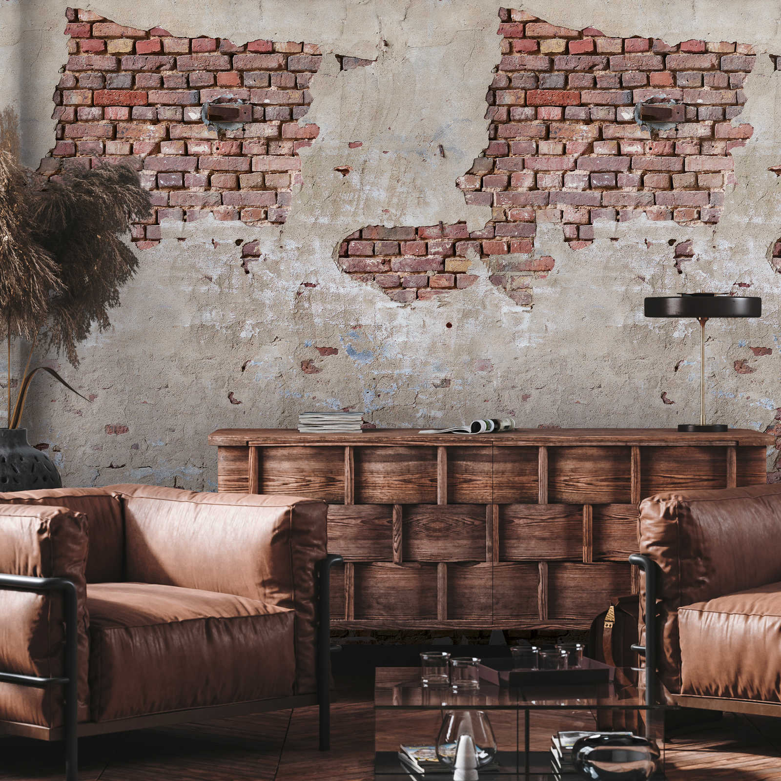Brick wall wallpaper with plaster in abstract look - beige, red, brown
