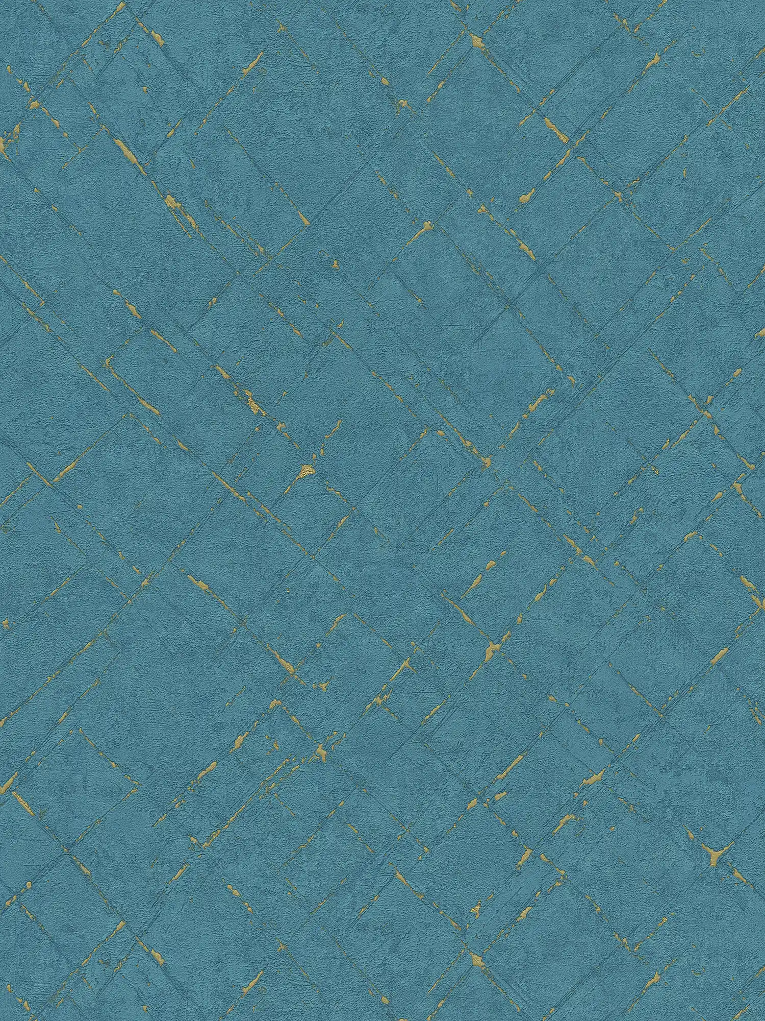 Petrol-kleurig behang, gipslook & metallic effect - blauw, goud
