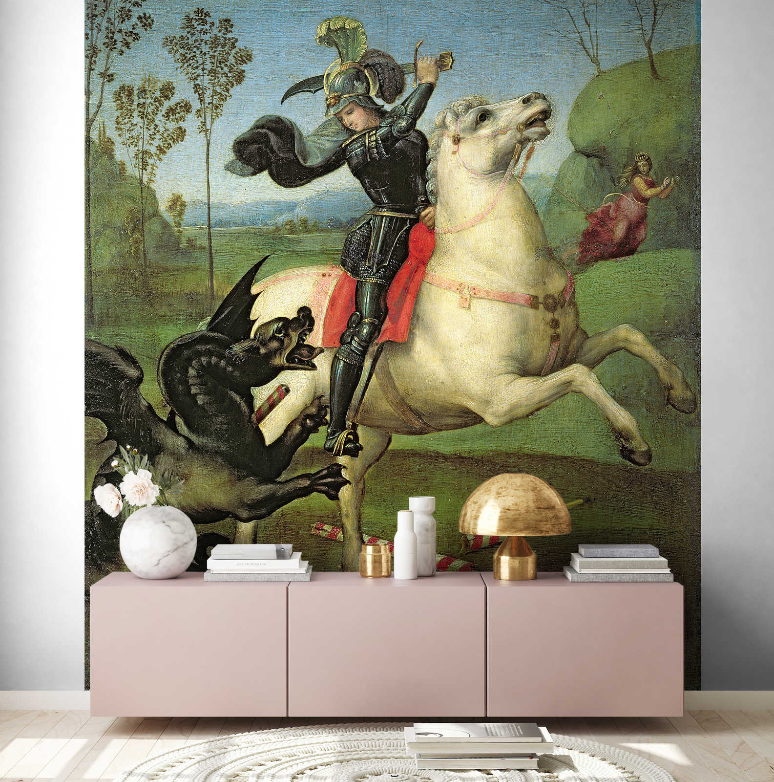             Sint Joris vecht tegen de draak" muurschildering door Rafaël
        