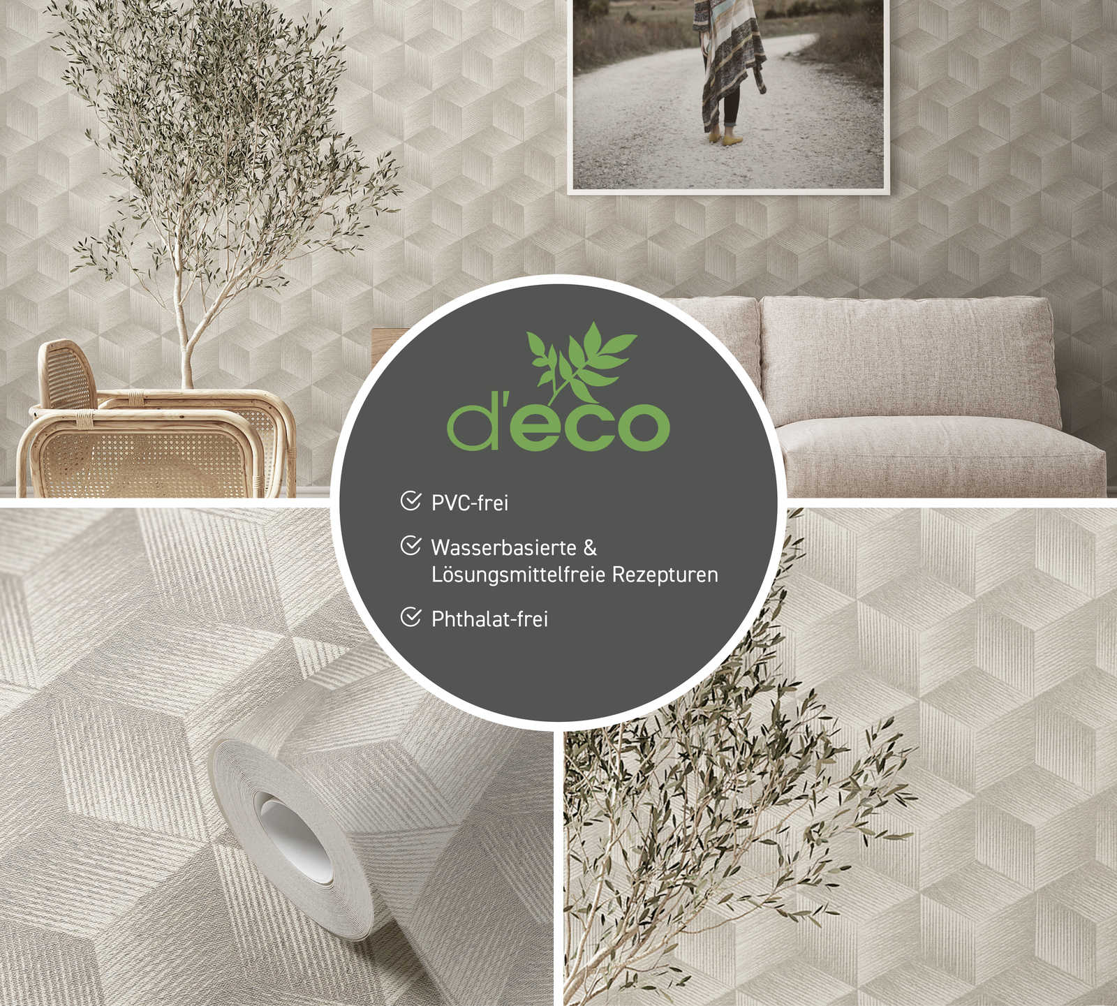             3D-look non-woven wallpaper with square pattern PVC-free - grey, greige, white
        
