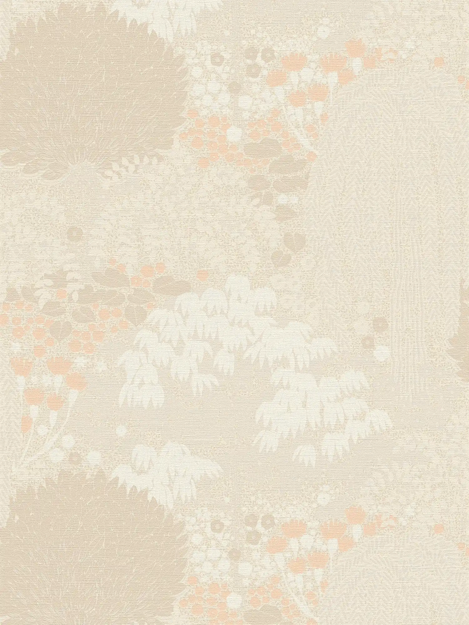 wallpaper floral with leaves light textured, matt - beige, cream, pink
