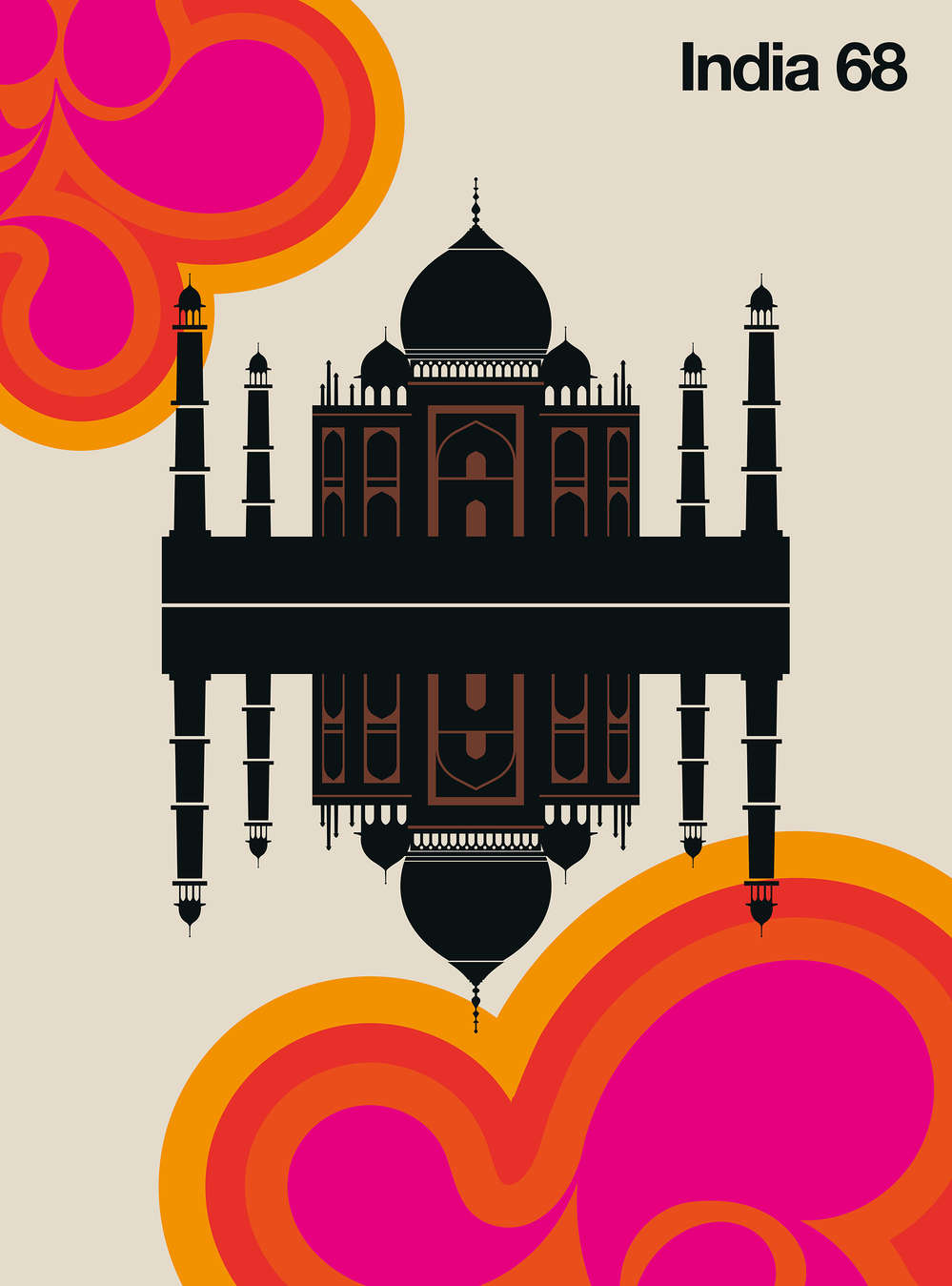             Papier peint panoramique Inde années 60 Design rétro Taj Mahal
        