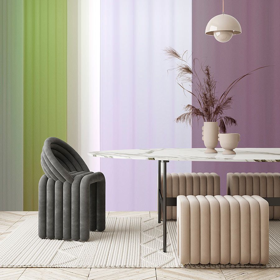 Photo wallpaper »co-coloures 3« - Colour gradient with stripes - green, lilac, purple | Smooth, slightly shiny premium non-woven fabric
