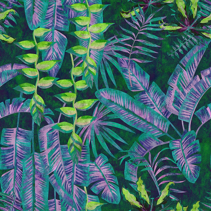 Tropicana 5 - Carta da parati Jungle con colori neon in struttura di carta assorbente - Blu, Verde | Vello liscio opaco
