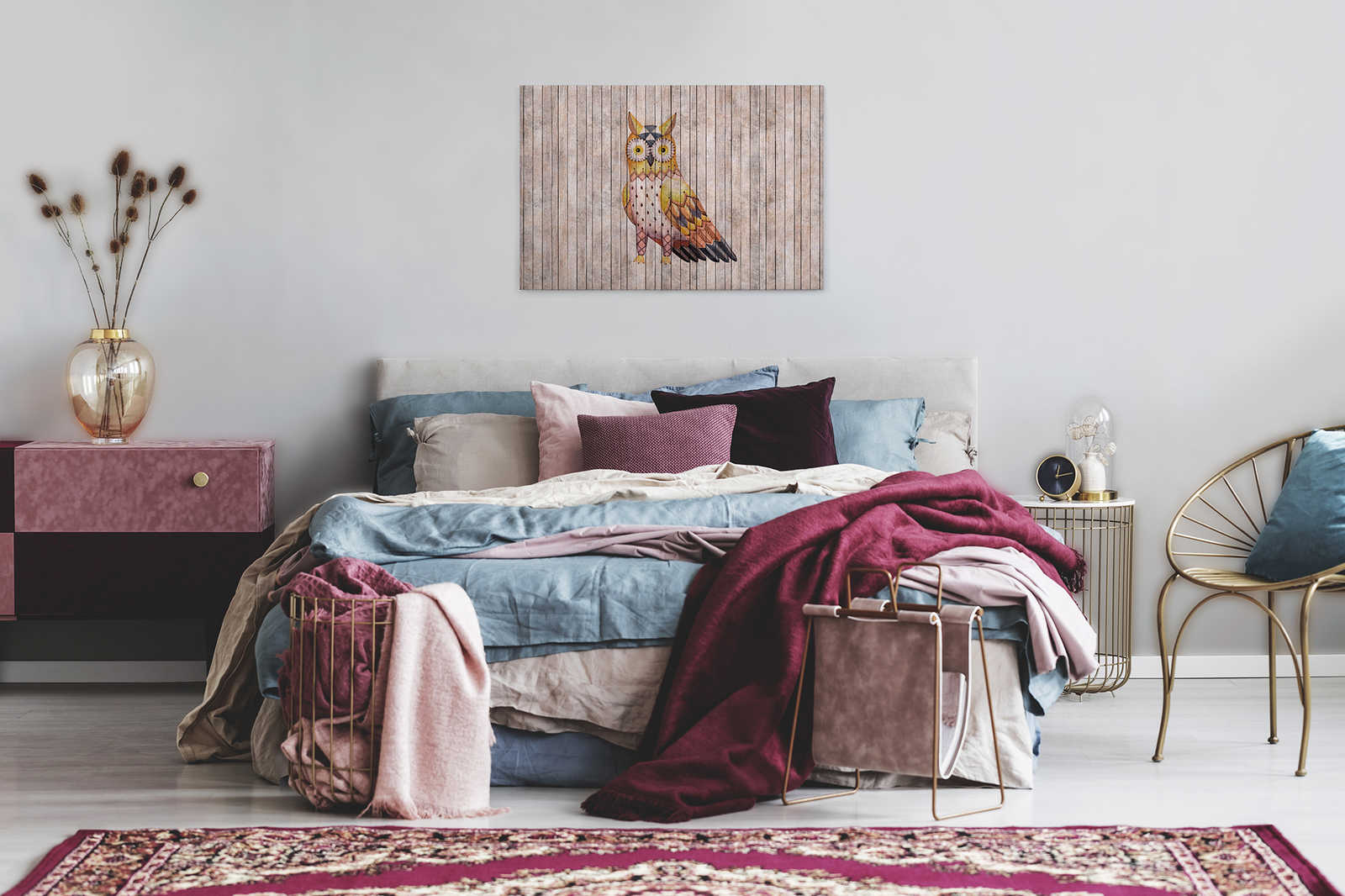             Fairy tale 1 - Mur de planches en bois avec hibou Tableau sur toile - 0,90 m x 0,60 m
        