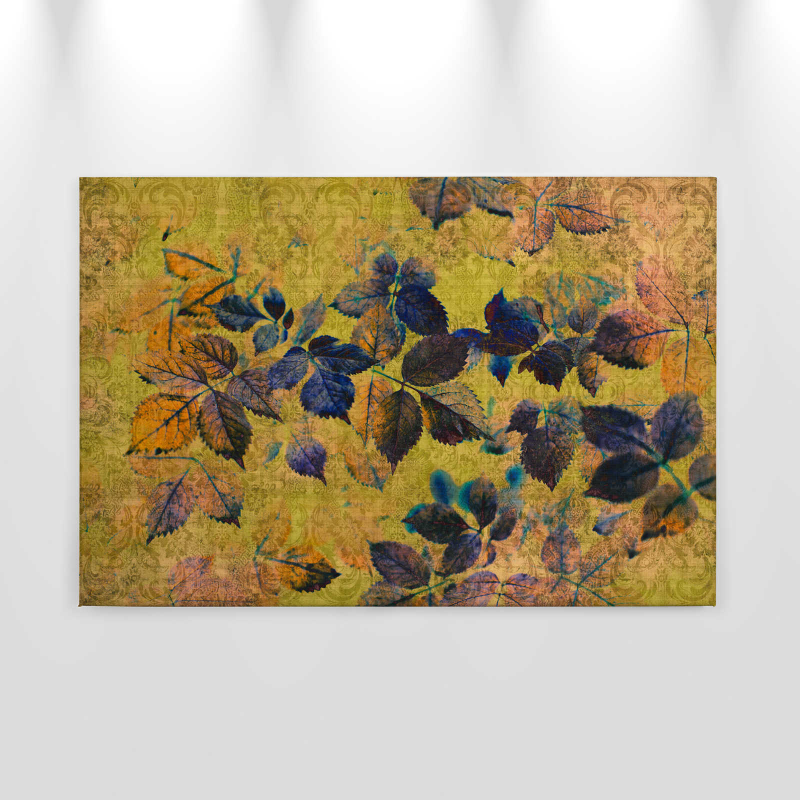             Indian summer 1 - Canvas schilderij met bladeren en ornamenten in natuurlijk linnen structuur - 0.90 m x 0.60 m
        