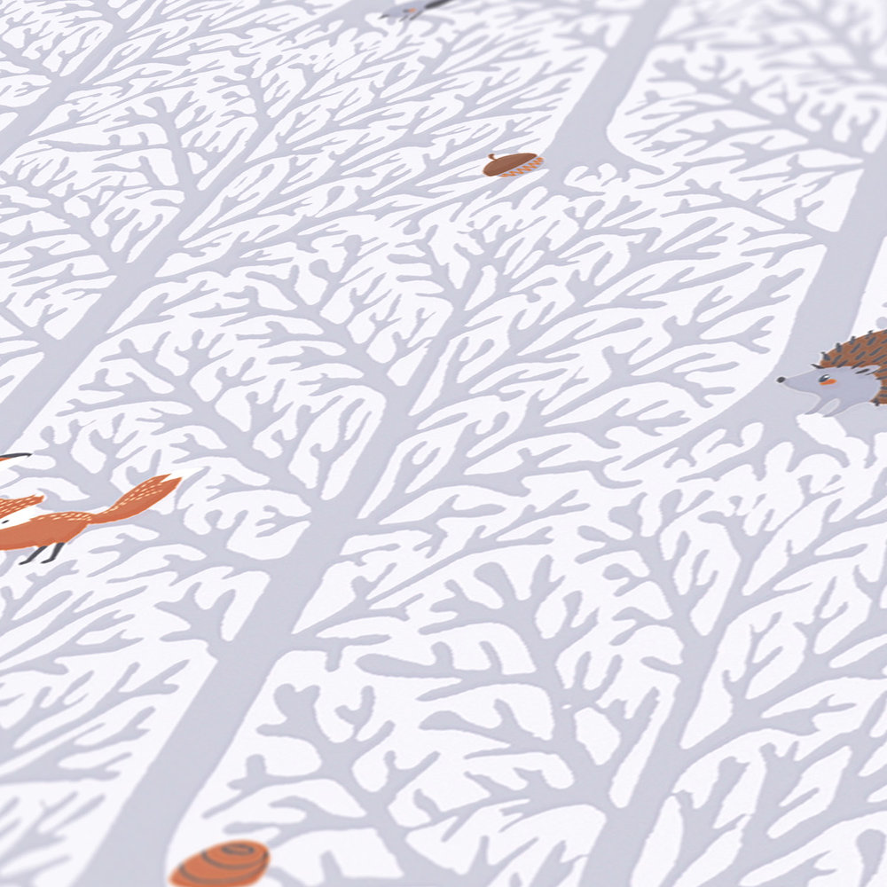             Papier peint chambre fille Animaux de la forêt - Gris, blanc, marron
        