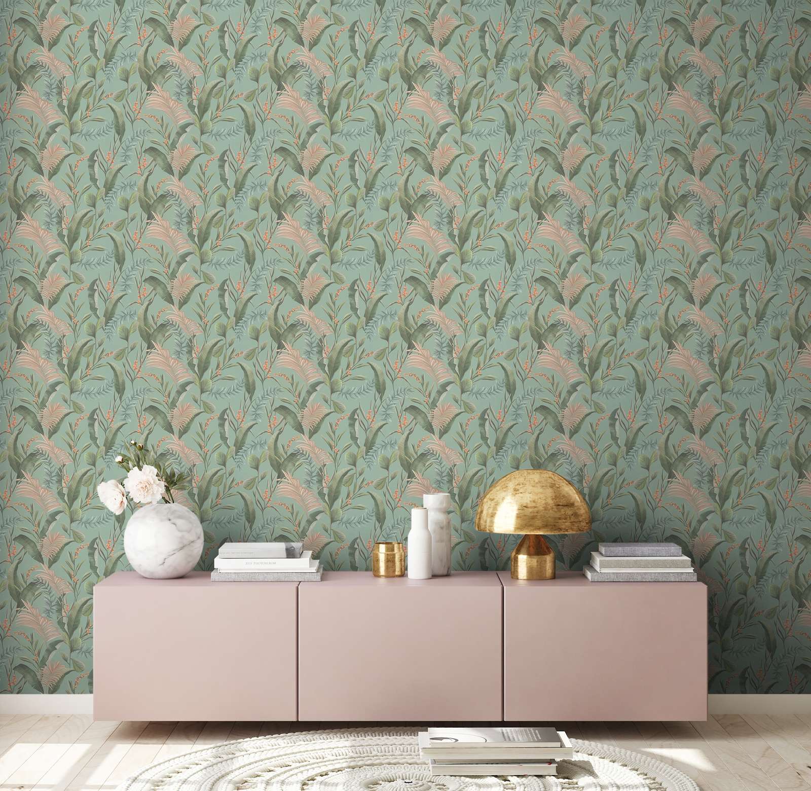             Floral style jungle wallpaper with leaves textured matt - blue, green, beige
        