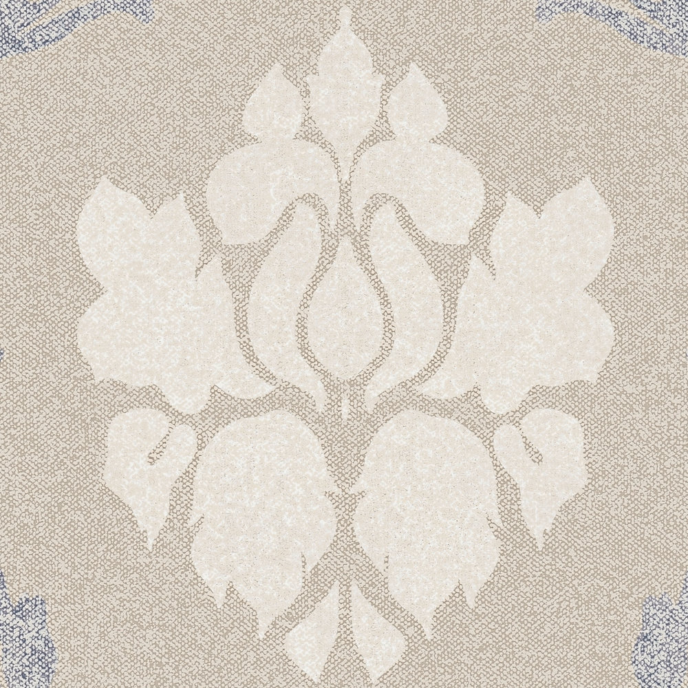             Papel pintado ornamental con aspecto de lino - beige, crema, azul
        
