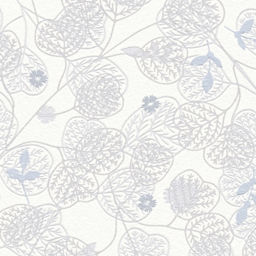             Carta da parati floreale con fiori e foglie sottili - bianco, grigio, blu
        