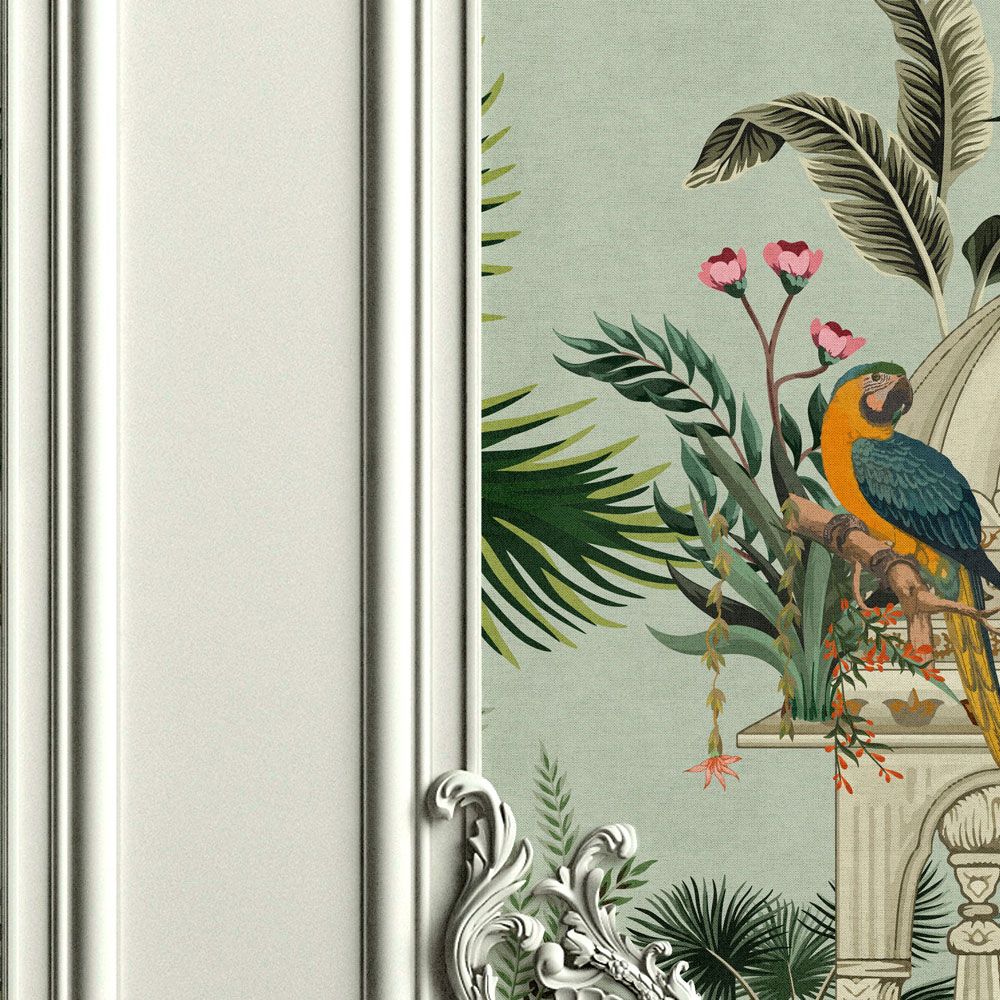             Photo wallpaper »darjeeling« - Stucco frame look with birds & palm trees with linen texture in the background - Smooth, slightly pearlescent non-woven fabric
        