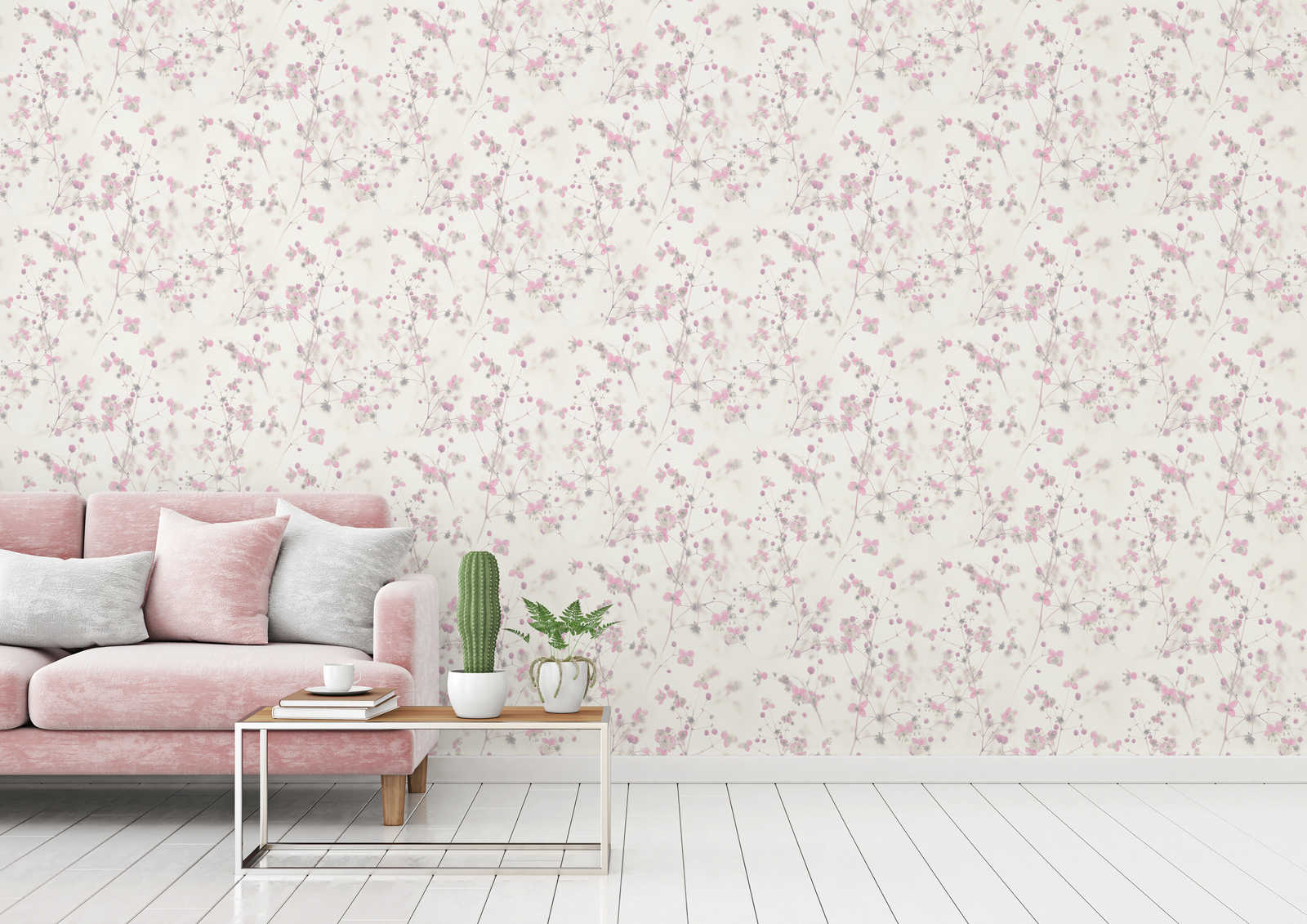            Papel pintado moderno de casa de campo con motivos florales - gris, rosa
        