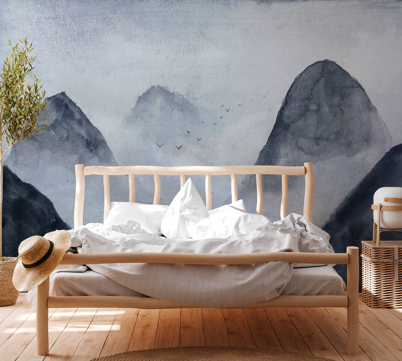             Papier peint panoramique paysage de montagne aquarelle - gris, noir
        