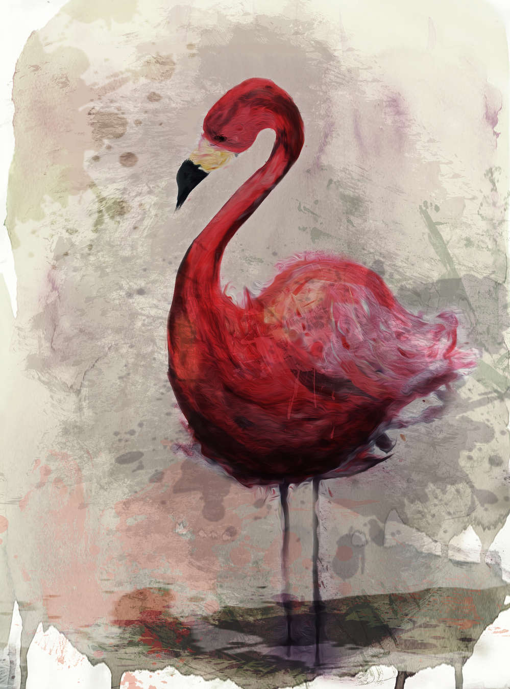             Aquarel muurschildering met flamingo motief in tekenstijl
        
