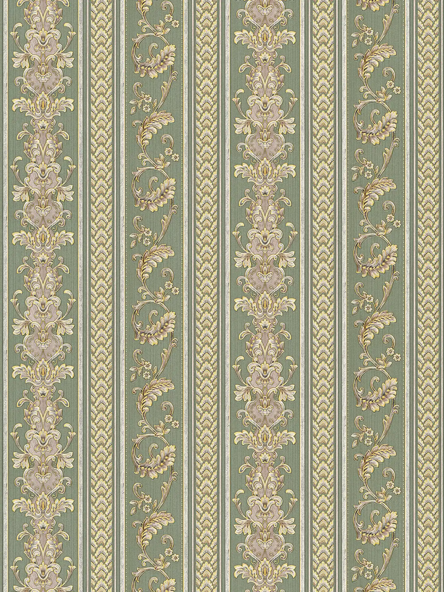 Wallpaper striped with baroque ornaments - gold, green
