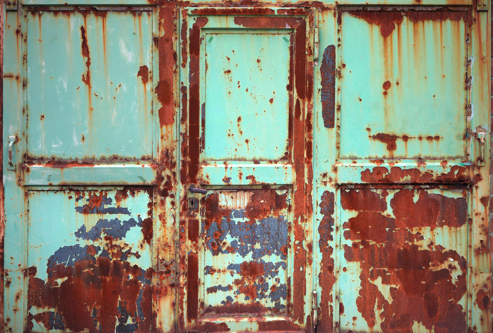             Rust mural with metal door in used look
        