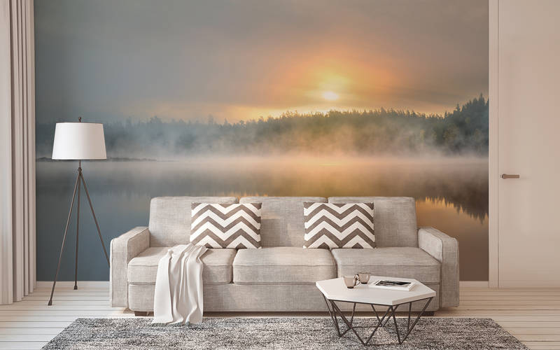             Nature mural foggy lake on mother of pearl smooth fleece
        