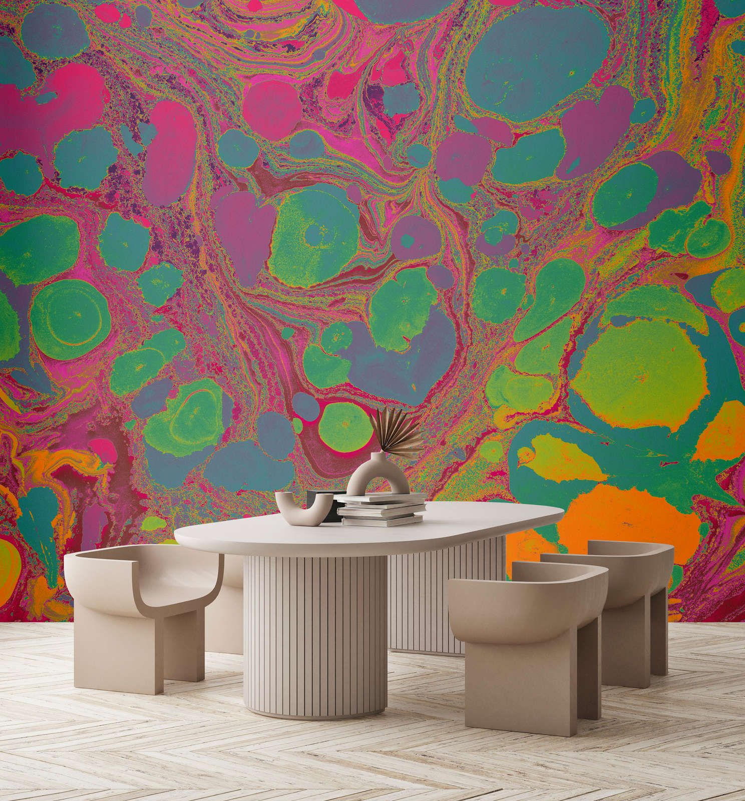             Photo wallpaper »flow« - Colour splash in bright colours - green, pink, orange | Smooth, slightly shiny premium non-woven fabric
        