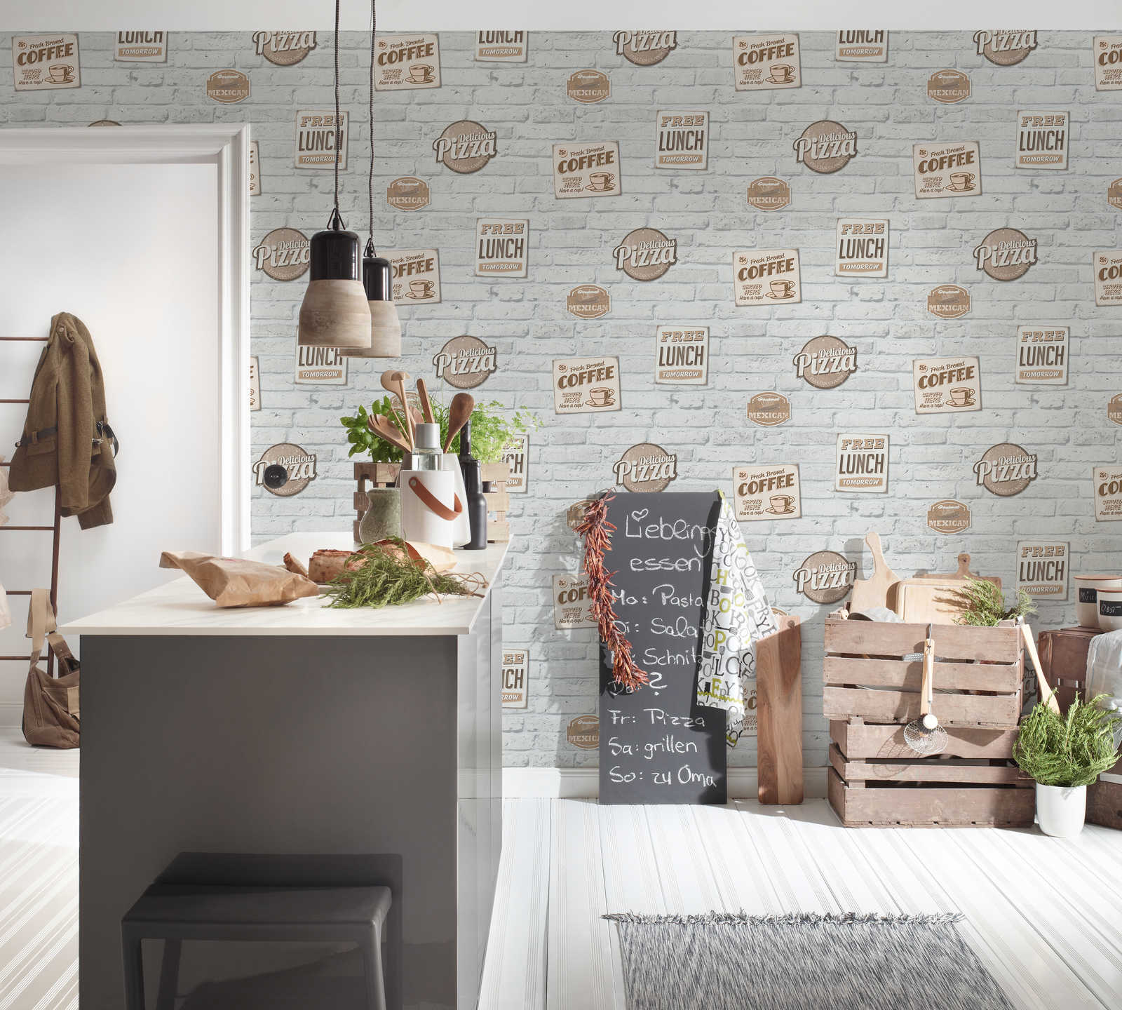             Self-adhesive wallpaper | White brick wall with advertising signs
        