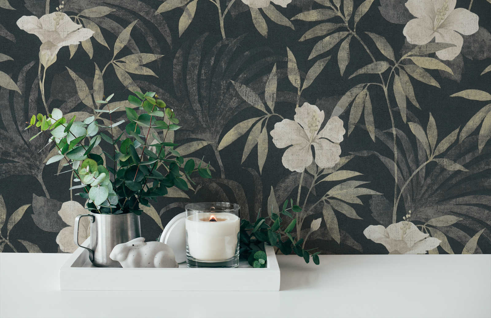            Jungle wallpaper retro pattern with tropical design - brown, grey, black
        