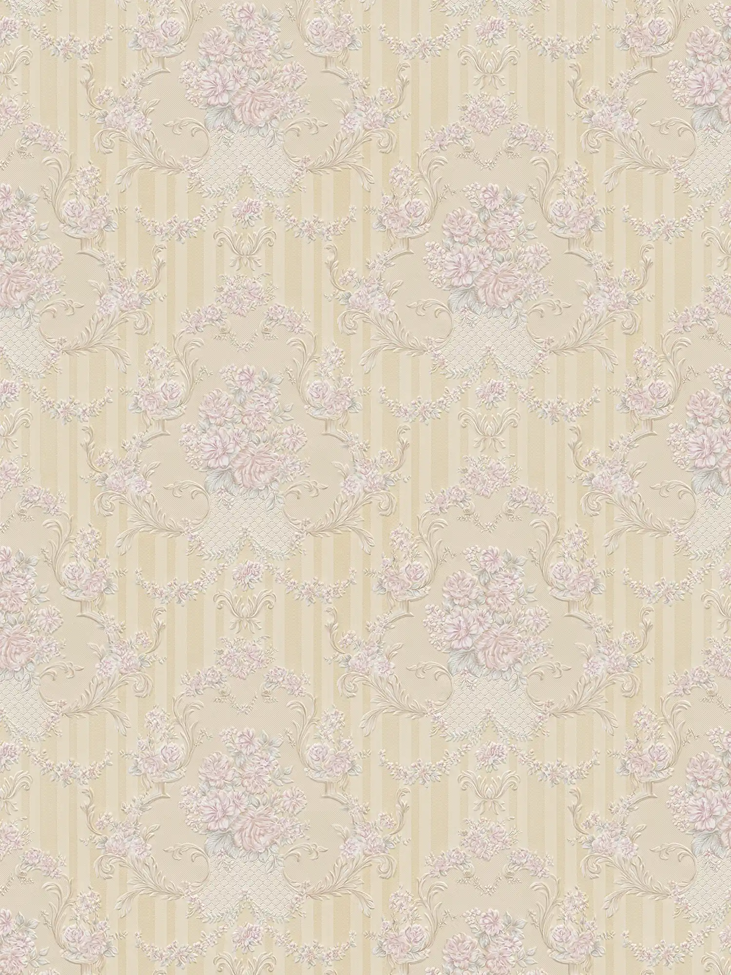 Neo baroque wallpaper with roses ornaments & stripes - beige, metallic
