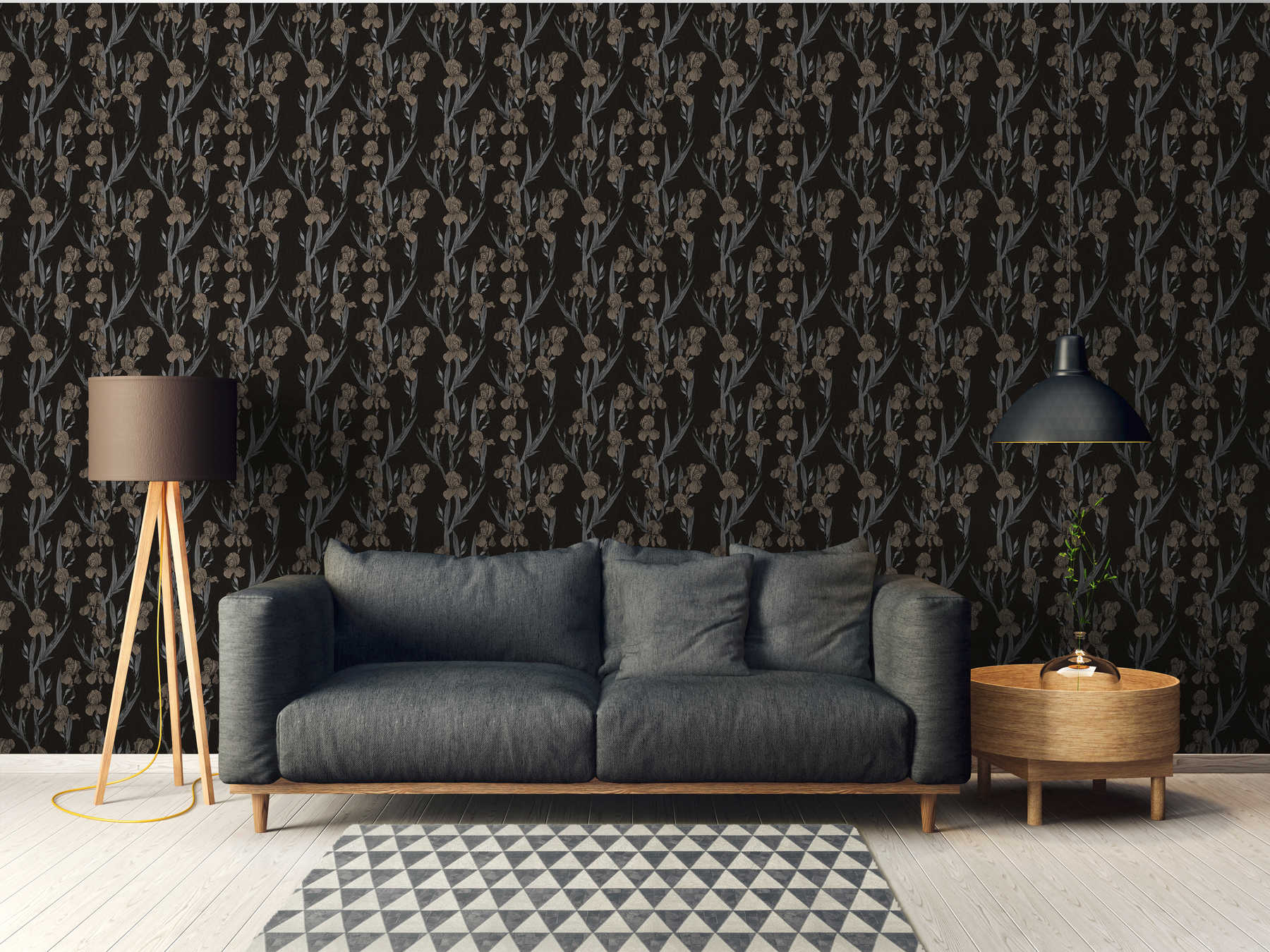            Floral pattern wallpaper with flowers in drawing style - black, grey, brown
        